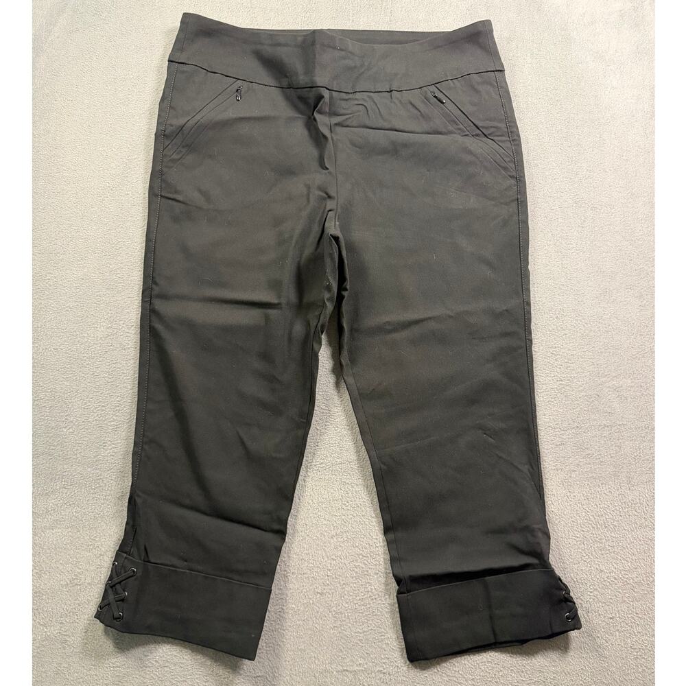 Renuar Black Stretch Crop Pants Women Size 12 Pull On Capri Lace Up Cuff